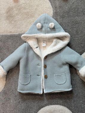 Carter's Light Blue Knit Hooded Baby Jacket with Pom Poms
